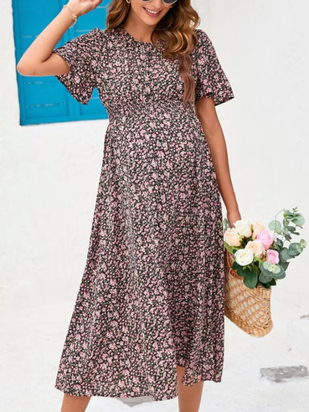 Women's Maternity Boho Ruffles Short Sleeve Dress Floral Smocked Scoop Neck Mid